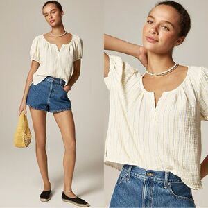 NWT J CREW Puff-sleeve henley in striped gauze in Pale Banana